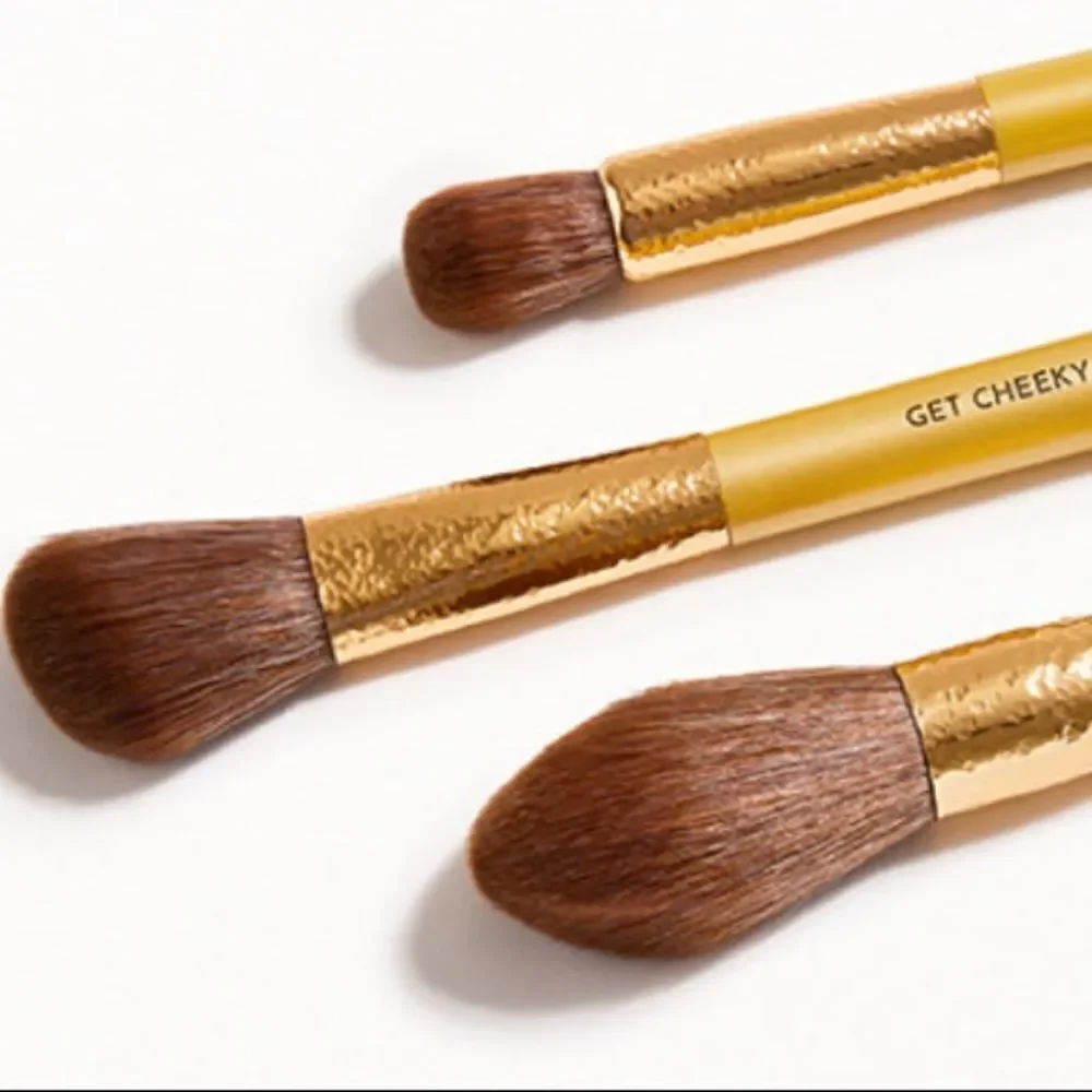 MOTD COSMETICS Gold Goddess Face Brush Set 3 pieces plus new Ipsy drawstring bag